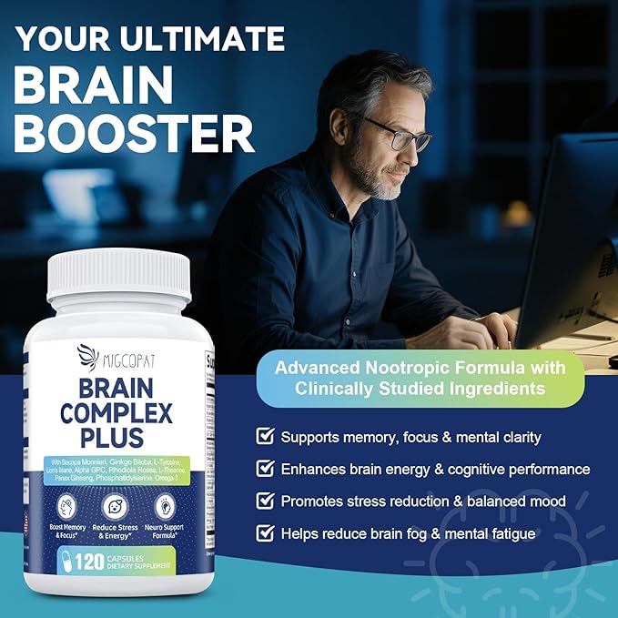 2-Pack Brain Supplements for Memory &amp Focus | Nootropic with Bacopa Lion's Mane Alpha GPC | Mental Clarity &amp Cognitive Support | Vitamin B6 &amp B12 – 240 Caps (120/Bottle)