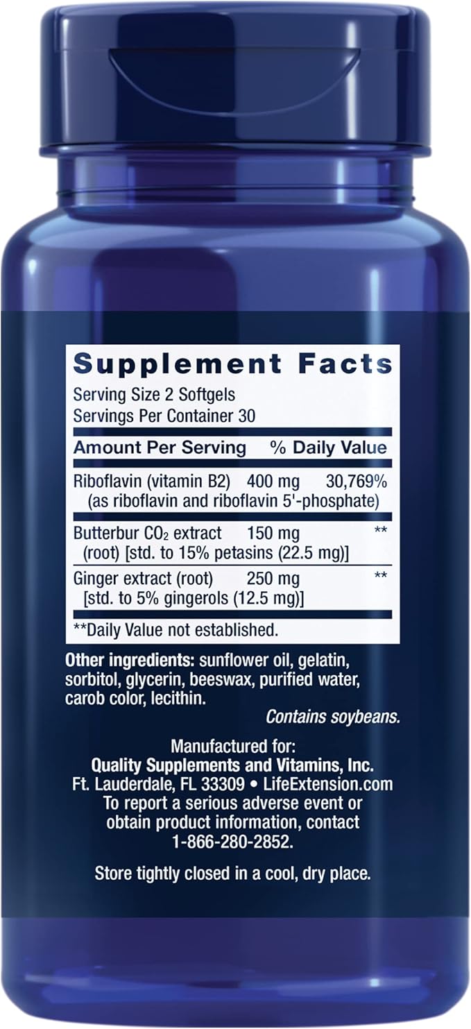 Life Extension Migra-Eeze - Butterbur Root Extract with Vitamin B2 (Riboflavin) &amp Ginger Supplement - Formula to Ease Head Discomfort - Gluten-Free — 60 Softgels