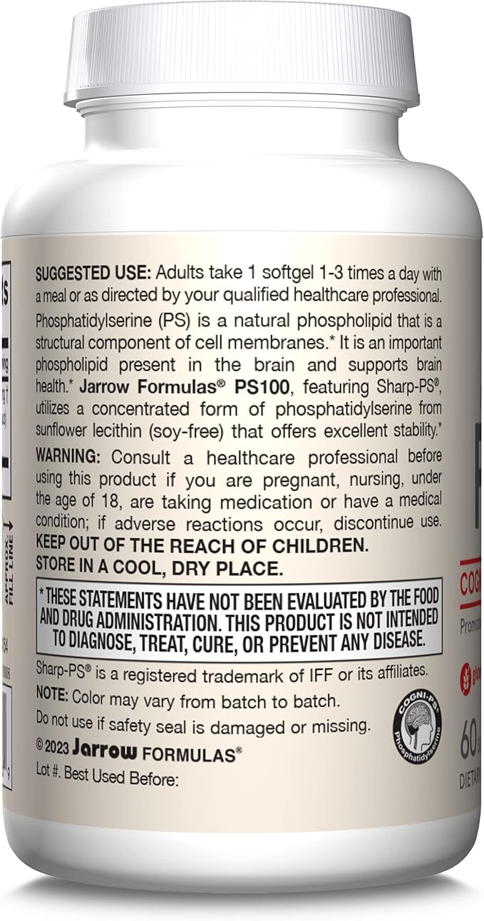 Jarrow Formulas PS100 Phosphatidylserine 100 mg Dietary Supplement for Brain Health and Cognition Support 60 Softgels 20-60 Day Supply Pack of 12
