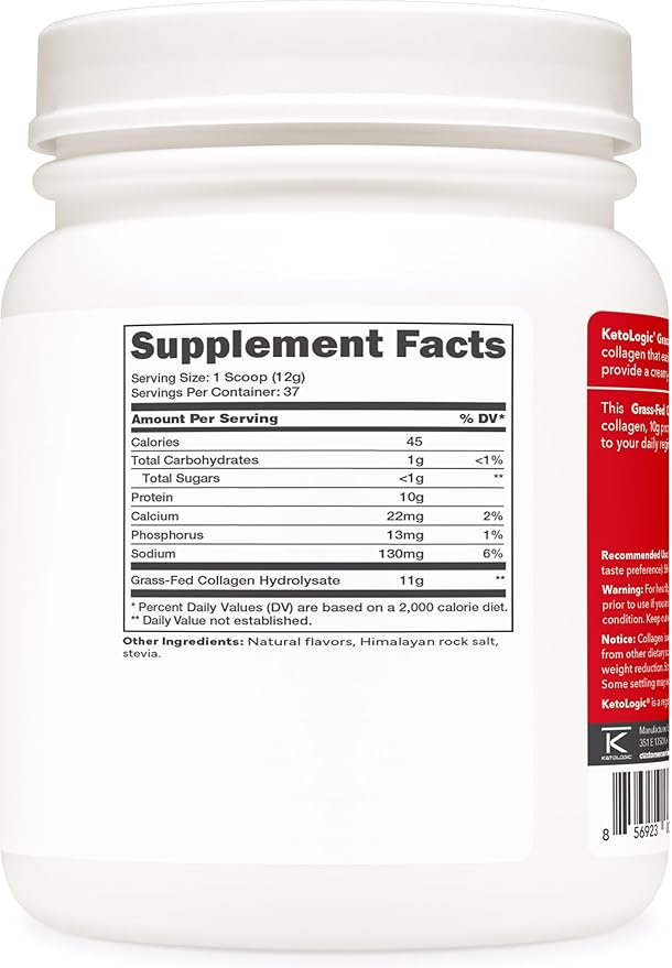 Ketologic Grass Fed Collagen Hydrolysate Powder (Vanilla) (1 LB) - 37 Servings 11 G Collagen Per Serving 10 G Protein Per Serving - Grass-fed Collagen Peptides
