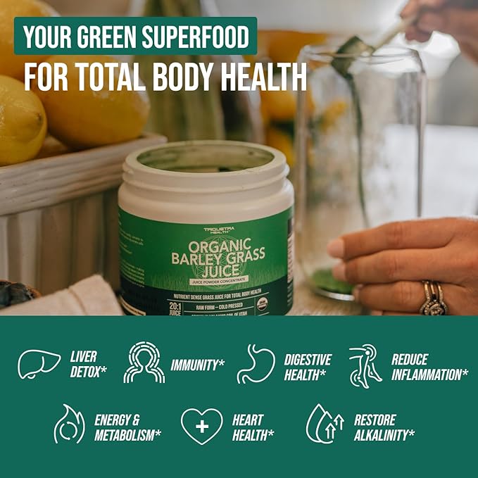 Organic Barley Grass Juice Powder - Grown in Volcanic Soil of Utah - Raw &amp BioActive Form Cold-Pressed then CO2 Dried – Gluten Free GMO free Vegan - Complements Wheatgrass Juice Powder - 5.3 oz