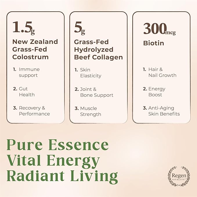 Grass-Fed Colostrum &amp Collagen Powder | Gut Health Hair Skin &amp Joint Support | New Zealand Bovine Colostrum Hydrolyzed Collagen Peptides 300mcg Biotin | Vanilla Bean | 28 Servings