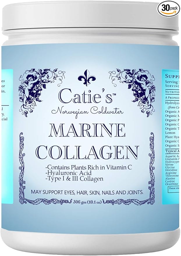 Catie's Marine Collagen- Premium Wild Caught Collagen (Type 1 &amp 3) from Cold Water Nordic Cod w/Plant Based Vitamin C Hyaluronic Acid + Herbs! Non GMO. 30 Day Supply.