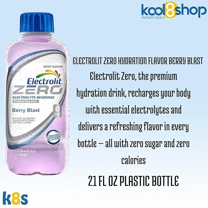 Electrolit Zero Berry Blast Hydration Drink with Electrolytes 21 fl oz Plastic Bottle 9 Pack + 1 Microfiber Cooling Towel by KOOL8SHOP Infinite Deals