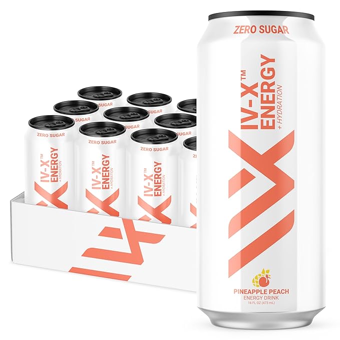 IV-X (IV-X - 12-Pack Pineapple Peach 16oz Cans - Energy &amp Focus &amp No Artificial Colors - 200mg of Green Tea Caffeine Himalayan Salt &amp Utah Sea Minerals - Gluten-Free &amp Vegan Friendl