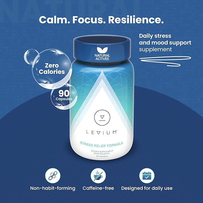 Levium Stress Supplement for Calm &amp Mood Support | Ashwagandha KSM-66 Magnesium L-Theanine &amp GABA | Supports Mental Focus &amp Relaxation | Non-Habit Forming | 90 Capsules