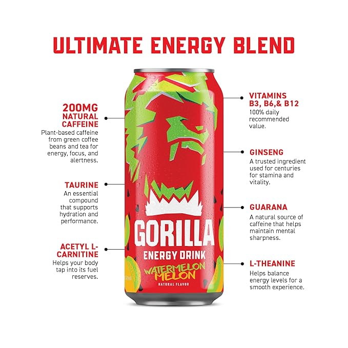 Gorilla Energy Original &amp Watermelon Melon Energy Drink 200mg Natural Caffeine Real Fruit Juice Squeezed &amp Concentrated No Added Sugar and No Artificial Colors 24 Cans