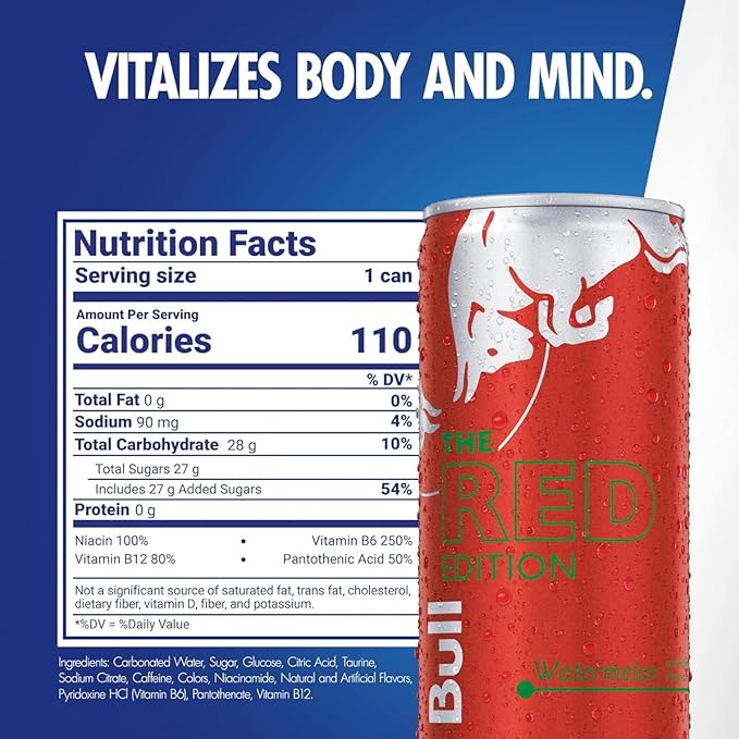 Red Bull Red Edition Energy Drink Watermelon with 80mg Caffeine plus Taurine &amp B Vitamins 8.4 Fl Oz Pack of 12 Cans