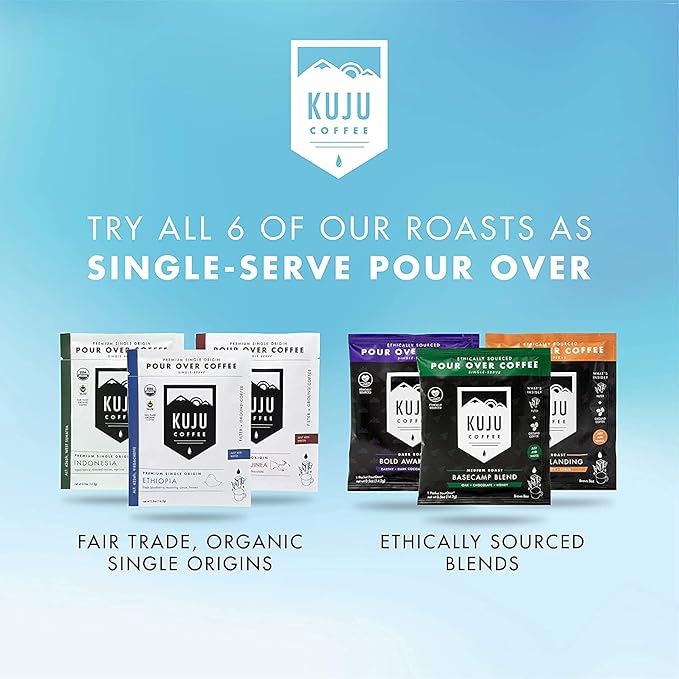 Kuju Coffee Premium Pour Over Individual Coffee Packets - Backpacking Travel Camping Organic Coffee Singles - Fair Trade &amp Eco-Friendly - Indonesia - West Sumatra 6-pack