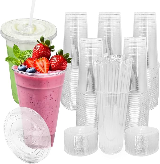 [100 SETS] 32 oz Cups with lids Plastic cups with lids and straws iced coffee cup suitable for takeout iced coffee cold drinks smoothies juices parfaits Frappuccinos and milkshakes.
