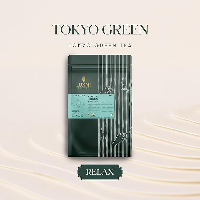 Luxmi Estates Tokyo Green Organic Green Tea (50 Tea Bags) Tea Bags For Relaxing Calming and Stress Relief With Certified Organic Darjeeling Makaibari Green Tea