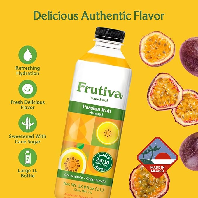 Frutiva Authentic Passion Fruit Drink Mix | Made in Mexico with Cane Sugar | Aguas Frescas Concentrate Makes 2.6 Gallons Per Bottle | No High Fructose Corn Syrup | Perfect for Drinks Desserts &amp M