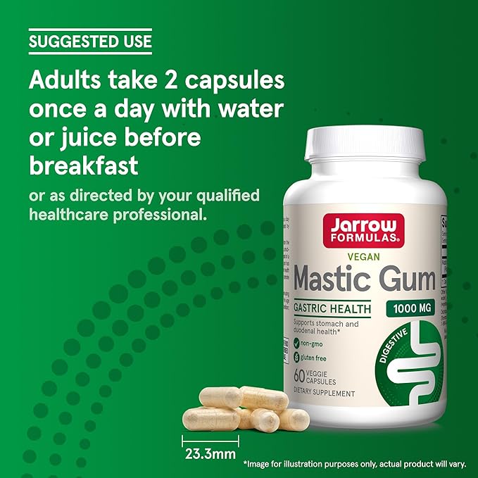 Jarrow Formulas Mastic Gum 1000 mg - 60 Veggie Caps - Mastic Gum Capsules Supporting Stomach and Duodenal Health - 30 Servings