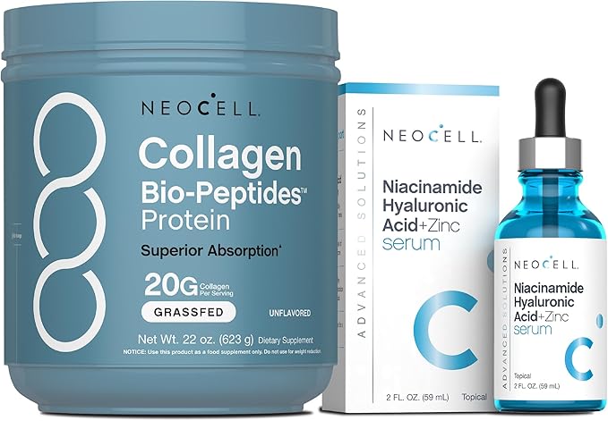 NeoCell Beauty Bundle for Women | Collagen Bio-Peptides Powder | Niacinamide Hyaluronic Acid Serum | Inside and Out Set