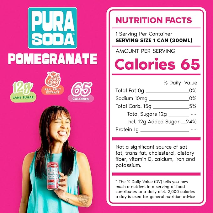PuraSoda® Pomegranate | 65 Calories &amp 12g Pure Cane Sugar per Can | Non-GMO Vegan | Made with Pure Cane Sugar Clean &amp Refreshing | 10 fl oz (300ml) Cans Pack of 24