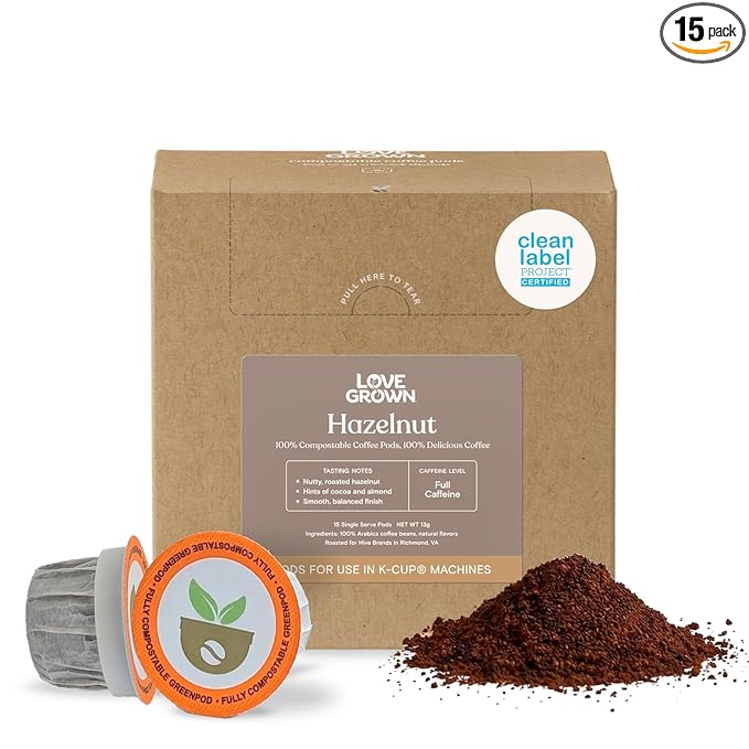 Love Grown Plastic-Free Coffee Pods 100% Arabica Single-Serve Cups Compostable Non-GMO - Compatible with Keurig Coffee Pods Machines and K-Cup Brewers Hazelnut Flavor Box of 15