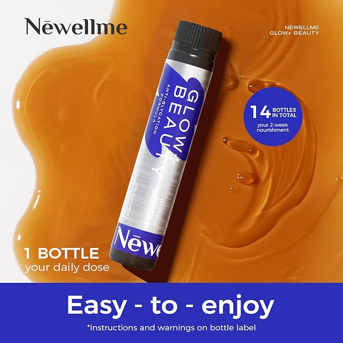 NEWELLME Glow+Beauty Collagen Drink – Liquid Beauty Supplement with Hyaluronic Acid &amp Antioxidant Complex Supports Skin Hydration Hair &amp Nail Strength 28 Bottles