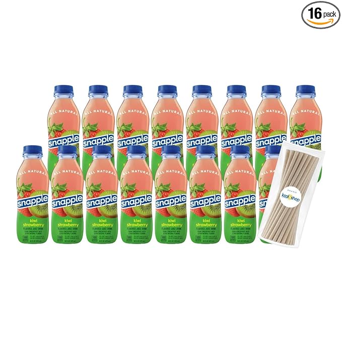 Snapple Kiwi Strawberry All Natural Fruit Juice 16 fl oz Plastic Bottles 16 Pack + 15 Sugarcane Disposable Straws by KOOL8SHOP Infinite Deals