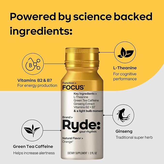 Ryde: Discovery Pack | Energize Focus &amp Relax Shots | Green Tea Caffeine Taurine Ginseng B Vitamins L-Theanine Lemon Balm Chamomile | 0 Calories 0 Sugar | Variety Pack – Try Them All (24 P