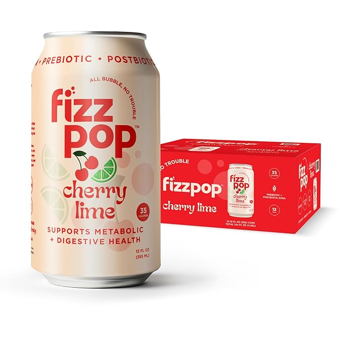 Fizz Pop Metabolic Sparkling Postbiotic and Prebiotic Soda Pop Gut Health Seltzer Water Fiber Drink Metabolism Booster Cherry Lime Flavor 12 oz Cans (Pack of 12)