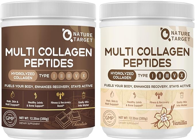 NATURE TARGET Multi Collagen Peptides Powder Bundle - Chocolate &amp Vanilla | Hydrolyzed Collagen for Women &amp Men with Creatine L-Carnitine Glutamine