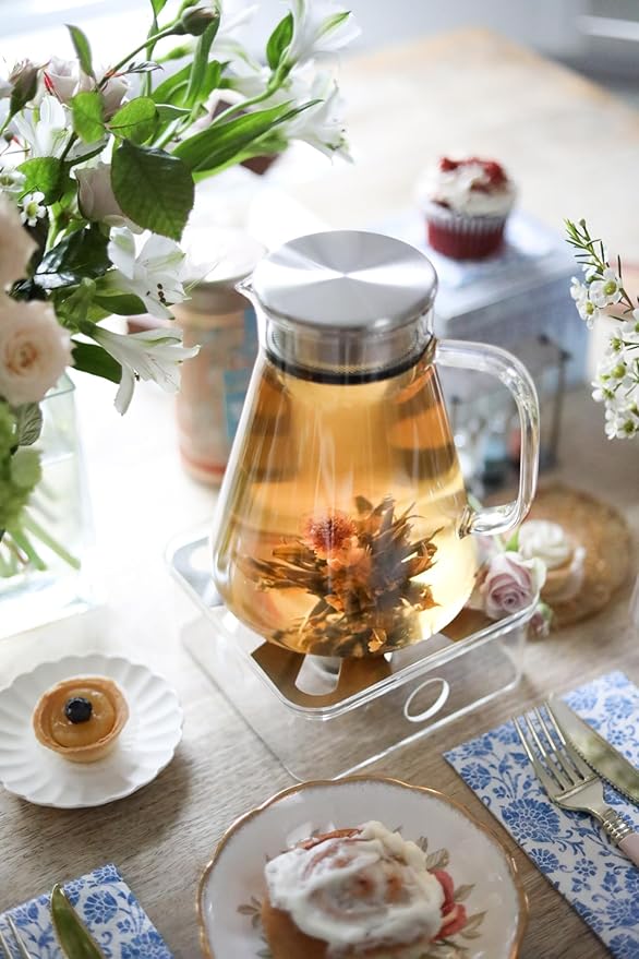 Teabloom One-Touch Tea Maker 2-in-1 Teapot and Kettle with Stainless Steel Filter Lid for Loose Tea – Stain-Free Borosilicate Glass Teapot (27 Oz) – Tea Connoisseur's Choice