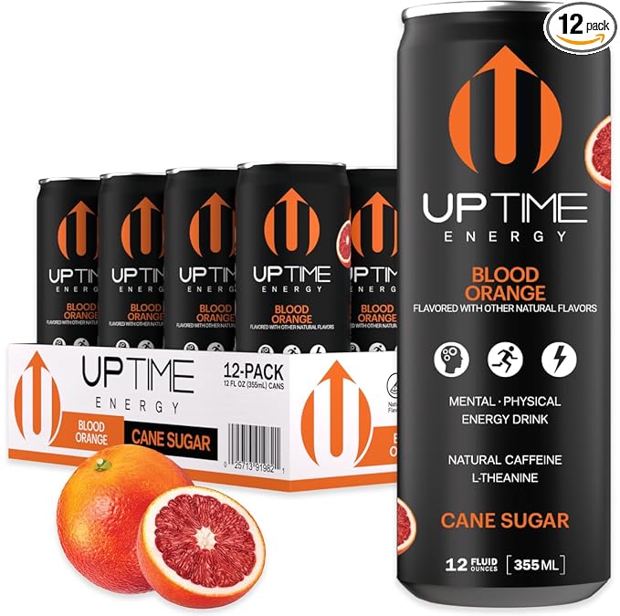 UPTIME Energy Drink Blood Orange Cane Sugar 12 Pack Vitamin C L Theanine Calcium Energy Drinks for Focus Support 142mg of Natural Caffeine per Serving Clean Natural Non GMO 12 fl oz Cans