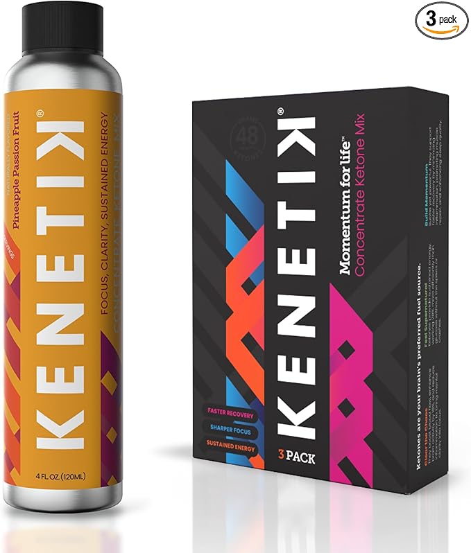 KENETIK Caffeine-Free Focus Concentrate – Brain Fuel for Mental Clarity Cognitive Endurance Sugar-Free Bioidentical Ketones (D-BHB) 4oz (4 Servings) – 3 Pack Pineapple Passionfruit