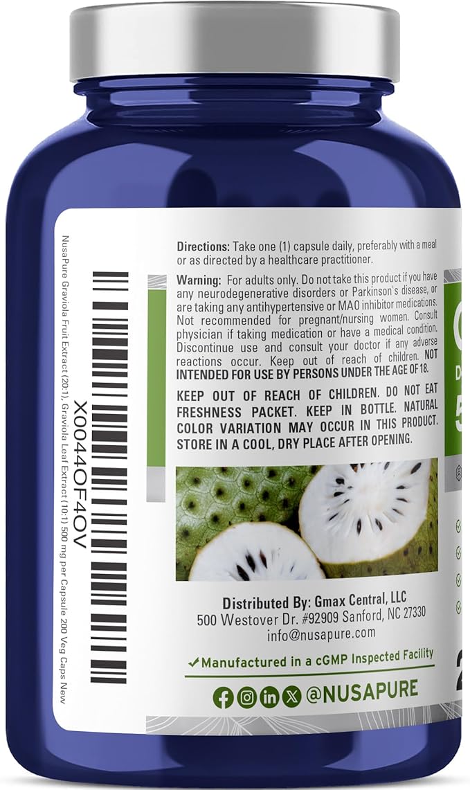 NusaPure Graviola Capsules 250 mg 200 Veg Capsules (Non-GMO Vegan)