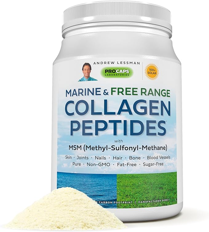 ANDREW LESSMAN Marine Free Range Collagen Peptides Powder and MSM 60 Servings - Supports Radiant Smooth Soft Skin Comfortable Joints. Super Soluble No Fishy Flavor No Additives Non-GMO
