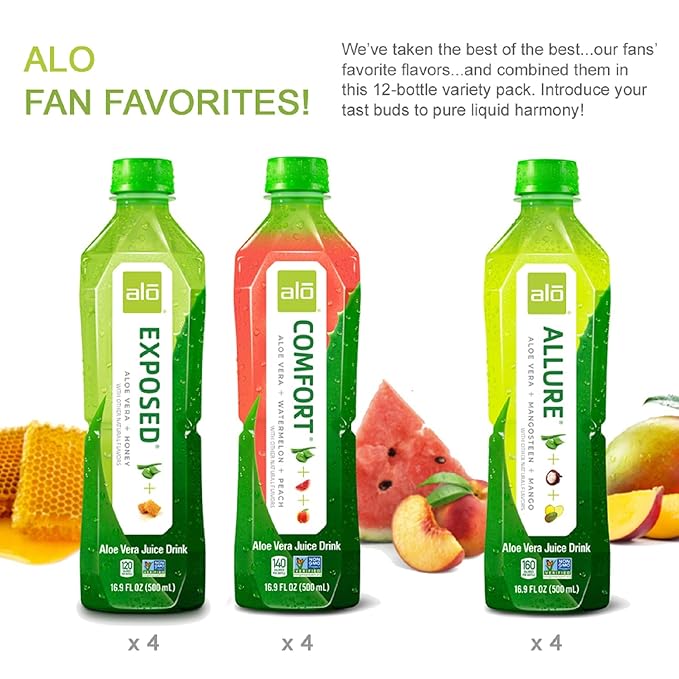 ALO Aloe Vera Juice | 16.9 fl oz Pack of 12 | 3-Flavor Variety Pack | ALLURE COMFORT EXPOSED Plant-Based Drink
