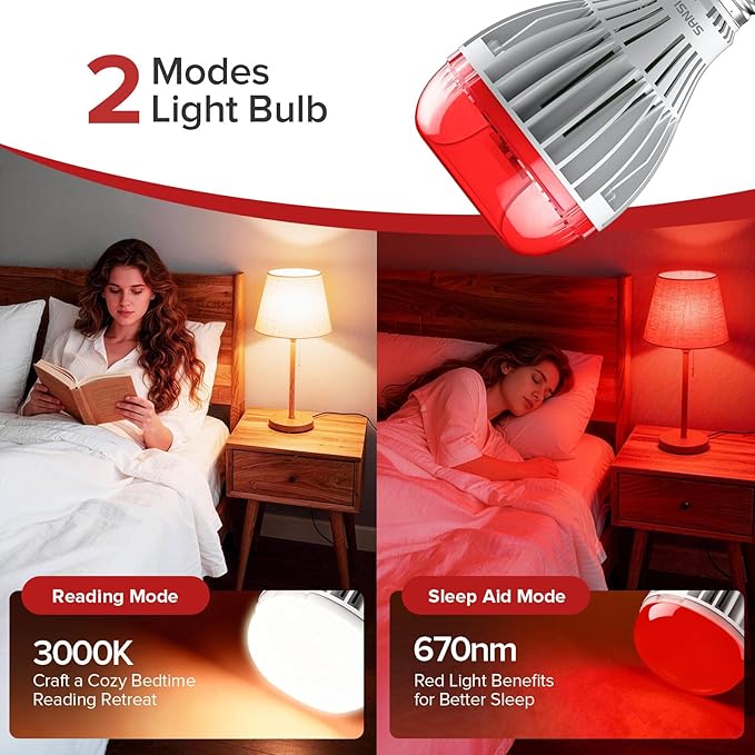 SANSI 670nm Red Light Bulb for Sleep Therapy with Remote Timer Dimmable Zero Blue Light for Melatonin Promoting Dual Mode Natural Sleep Aid &amp 3000K Reading Light 25W A21 E26 Red Light for Bedr