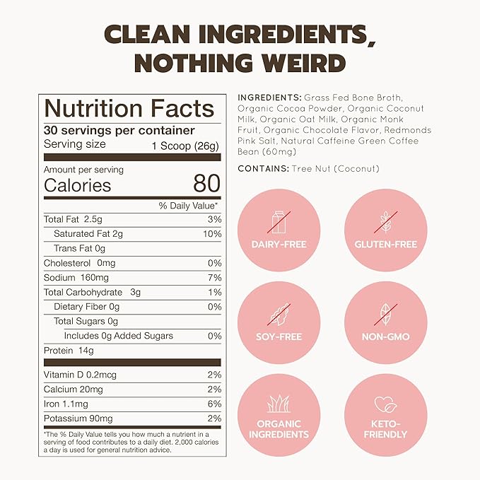 Bone Broth Protein Powder Grass Fed Collagen with 14g Complete Protein &amp 60mg Caffeine Gluten Free Keto &amp Dairy Free Organic &amp Clean Ingredients Caffeinated Chocolate 26 Servings