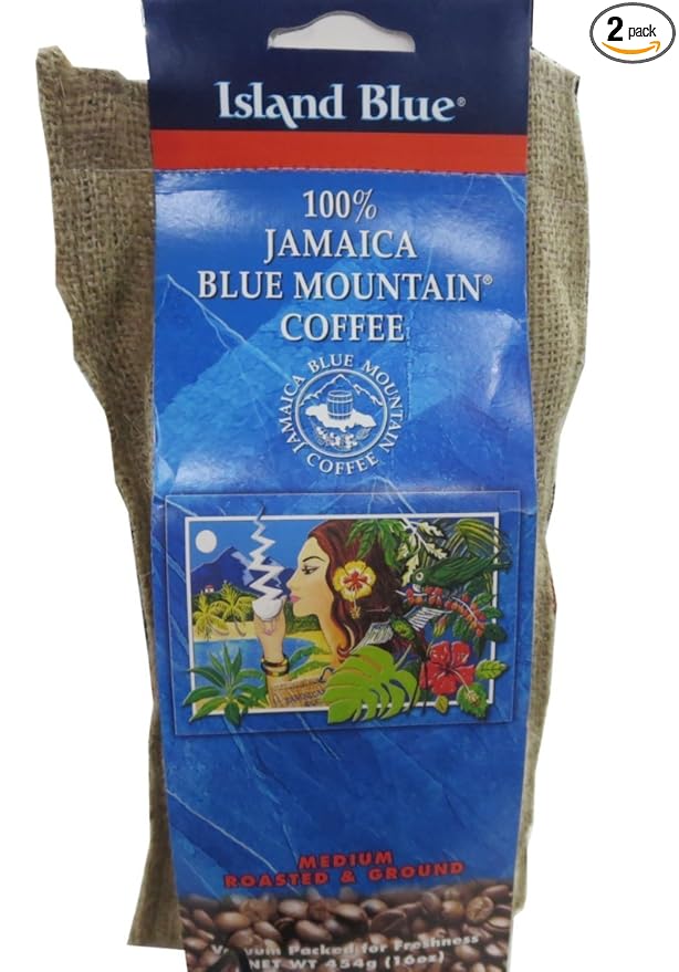 Island Blue's 100% Jamaica Blue Mountain Roasted and Ground Coffee - Blue Mountain Coffee Jamaican Blue Mountain Coffee Beans Roasted and Ground for a Rich and Flavorful Cup - 2-16oz Bags