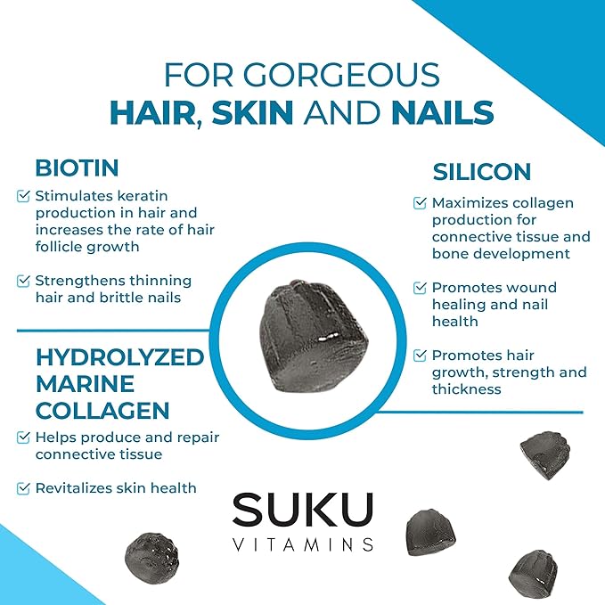 SUKU Vitamins - Luscious Hair - Silicon Biotin and Hydrolyzed Marine Collagen Gummies for Skin Hair &amp Nails - Easy to Chew - Non GMO Gluten Sugar Free - Blueberry Flavored Gummy Vitamins - 50 Co