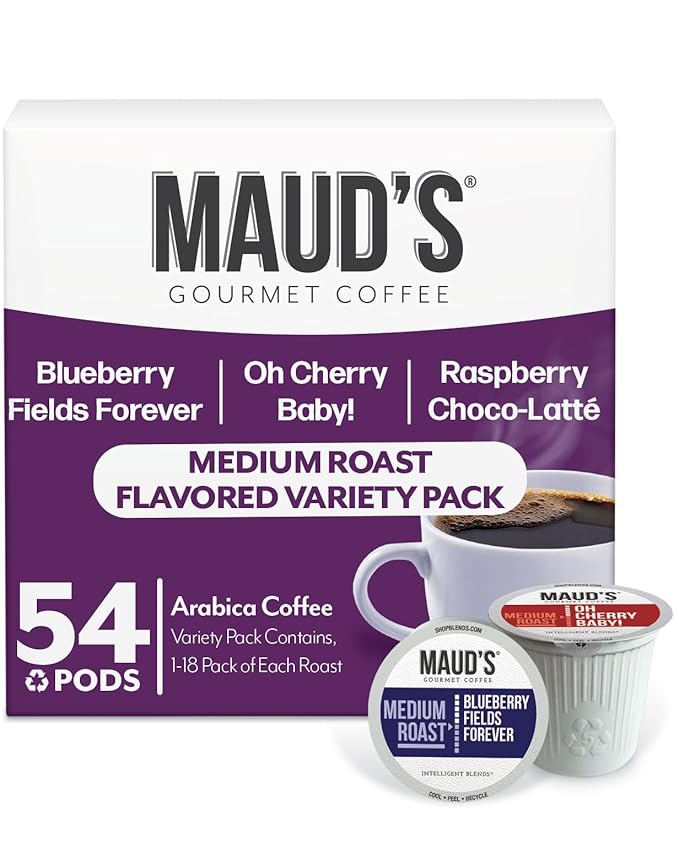 Maud's Blueberry Cherry &amp Raspberry Chocolate Flavored Pods Bundle 54 ct Medium Roast Flavored Coffee in Single Serve Pods – 100% Arabica Coffee Compatible with Keurig K Cups Maker