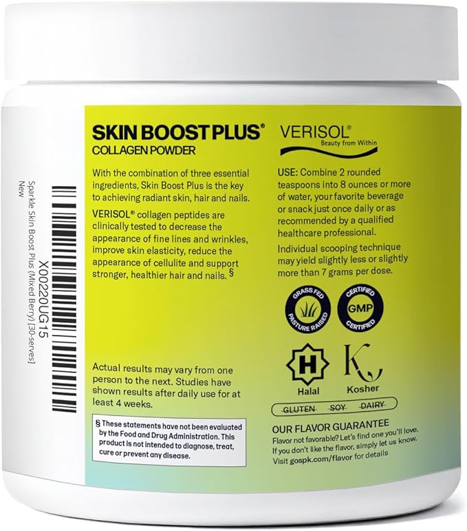 Sparkle Wellness VERISOL Bioactive Hydrolyzed Collagen Peptides | Collagen Powder with Vitamin C &amp Hyaluronic Acid for Hair Skin and Nail Health | Skin Boost Plus (Mixed Berry) [30-Serves]