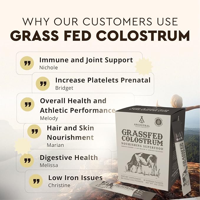 Ancestral Supplements Grass Fed Beef Bovine Colostrum Powder Packets Immune Support Supplement Gut Skin &amp Hair Health Support Supplements Promotes Growth and Repair Non GMO 30 Sticks Unflav