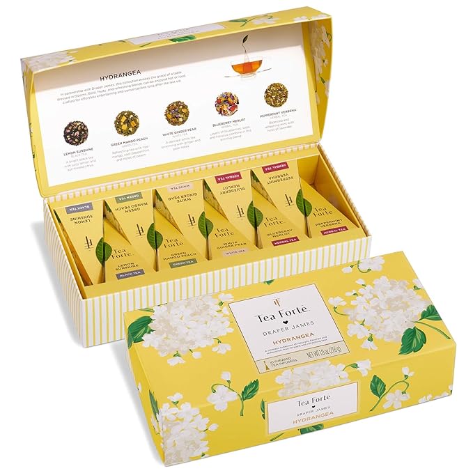 Tea Forte Premium Petite Presentation Box Gift Set Sampler 10 Count 2 of Each Blend Individually Wrapped Handcrafted Pyramid Infuser Bags Hydrangea