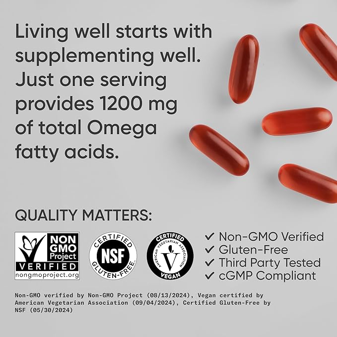 Sports Research® Vegan Omega 3-6-7-9 - 1200 mg of Multi-Spectrum Omega Fatty Acids Certified Non-GMO Formula with Sea Buckthorn &amp Borage Oil - 90 Veggie Softgels