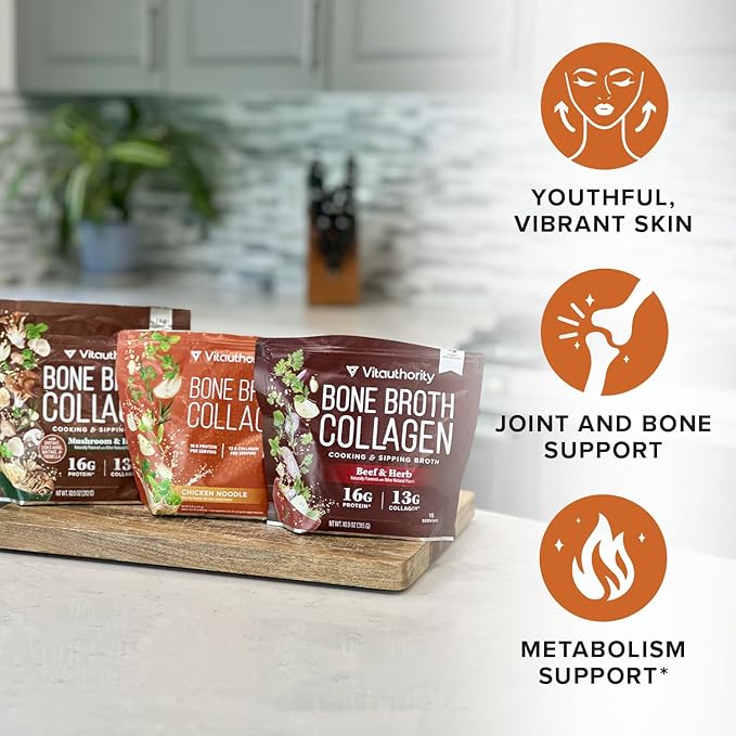 Bone Broth Collagen Powder 16g Collagen Protein per Serving Supports Joints Skin Nails &amp Gut Health Made from Real Beef Bone Broth Savory Collagen for Soups &amp Stews Mushrooms Herb Flavored 15