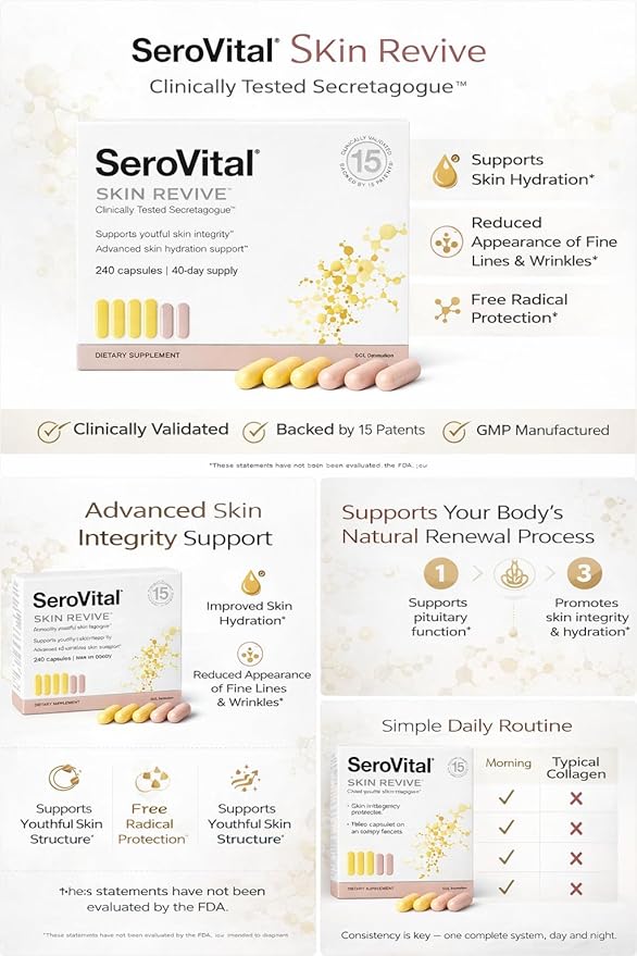 Serovital Skin Revive – Anti-Aging Supplement for Women – Supports Skin Hydration Energy Immune Health &amp Fine Line Reduction – 240 Capsules – 40-Day Supply