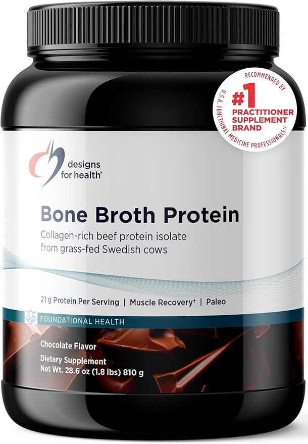 Designs for Health Bone Broth Protein Powder – 21g Grass-Fed Collagen-Rich Beef Protein Isolate - Chocolate Paleo Non-GMO Dairy-Free (30 Servings / 810g)