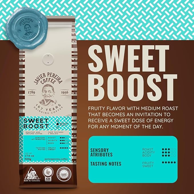Javier Pereira Coffee Colombian Specialty Coffee Ground Sweet Boost – Medium Roast Arabica – Delicate Fruity Notes &amp Smooth Body – Certified Café de Colombia Single Origin – 17.6 oz