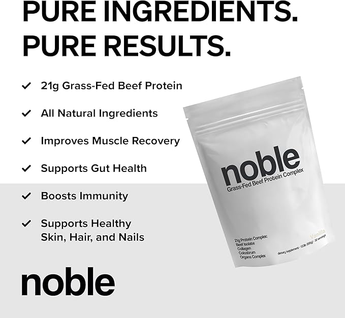 Noble Grass Fed Beef Protein Powder | Beef Protein w/Collagen Colostrum Organ Blend | Carnivore Keto Friendly | Whey Gluten Free | Muscle Gut Health Skin Joint Support | 30 Servings Vanilla