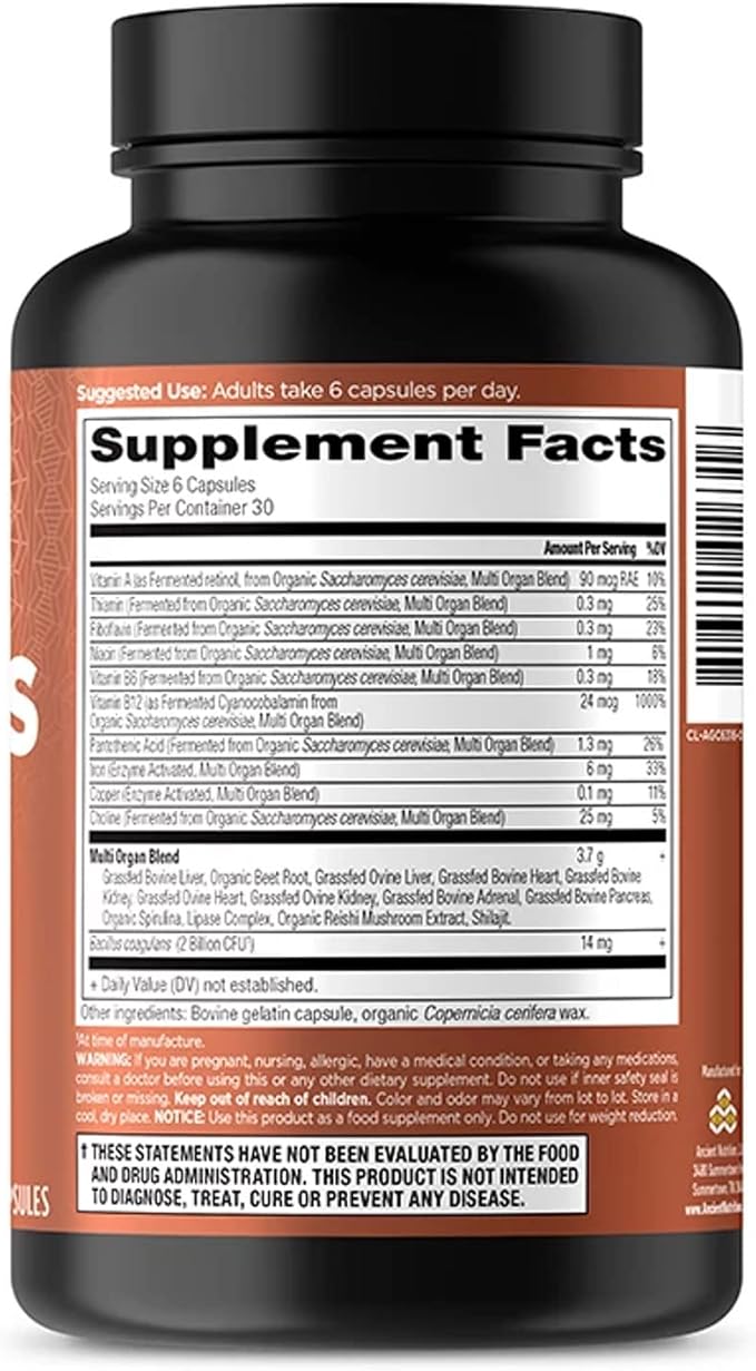 Ancient Nutrition Organ Supplements Grass-Fed and Wild Organ Complex Capsules Liver Heart Kidney Supports Organ Cognitive and Immune System Health 180 Ct