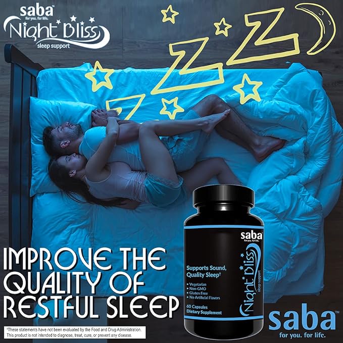 Saba Night Bliss Natural Sleep Aid | Non-Habit Forming | Sleep Supplement for Longer Sleep &amp Stress Relief w/Magnesium Melatonin GABA Chamomile &amp Valerian (60 Vegan Capsules 30 Day Supply