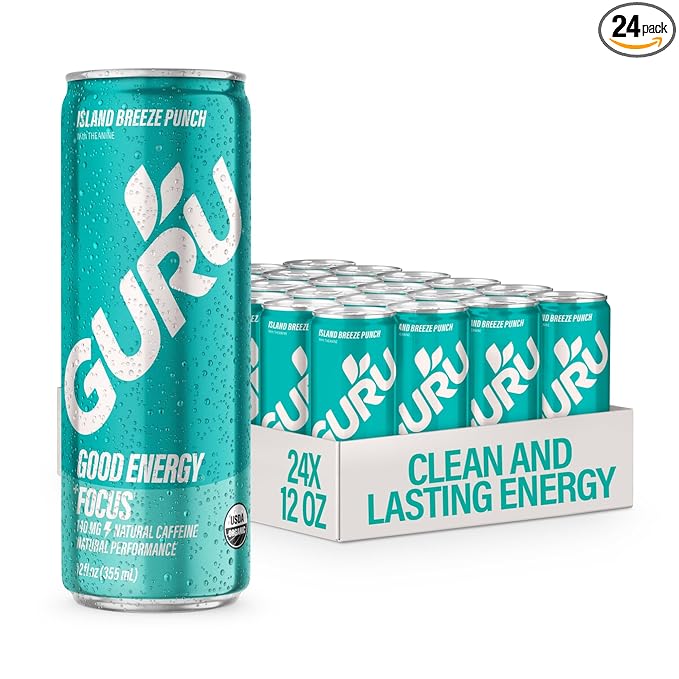 GURU Island Breeze Punch Organic Energy Drinks Clean Energy Drink with Plant Based Natural Caffeine from Green Tea + Focus with L Theanine Gluten Free and Vegan 140MG Caffeine 12oz (Pack of 24)