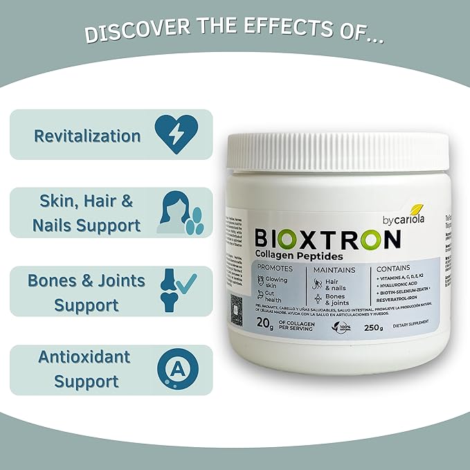 Bioxtron Collagen Peptides Powder - Unflavored Type I Bovine with Stem Cell Renewal for Hair Nail Skin Gut Bone &amp Joint Health Support - Hyaluronic Acid Protein Biotin (250 gr)