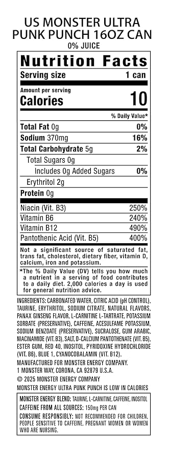 Monster Energy Ultra Punk Punch Sugar Free Energy Drink 16 Ounce (Pack of 15)